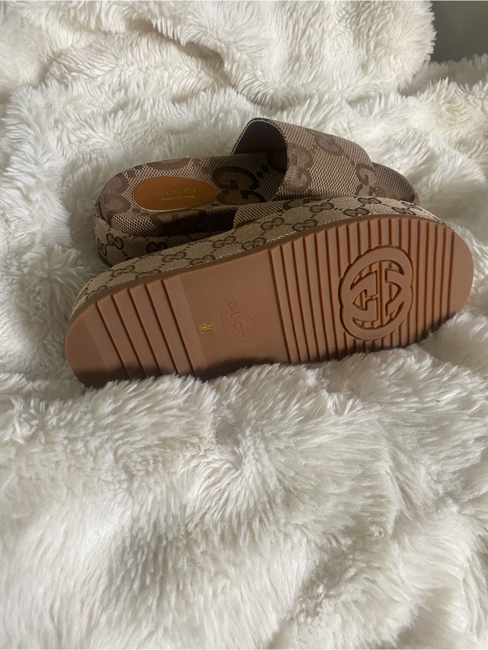 Gucci Brown Beige GG Canvas Platform Slide Sandals - Picture 3 of 4